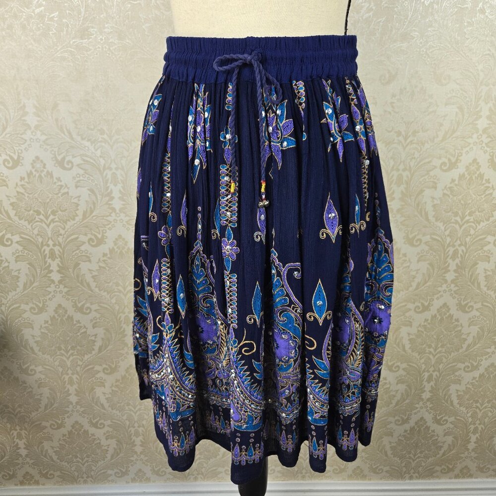 Unbranded One Size Short Skirt Navy Blue Mandala Print Sequins Elastic Waist